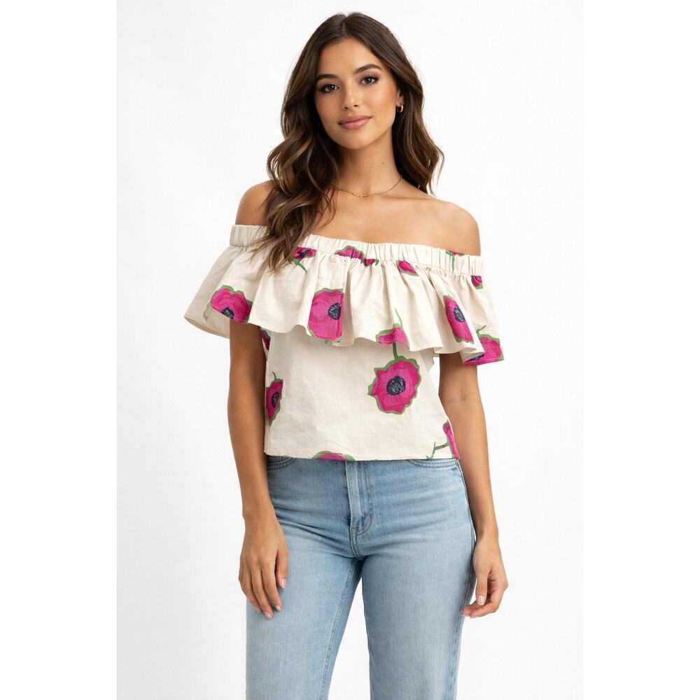 B53 La DoubleJ Off Shoulder Floral Cropped Top Blouse Womens Large Boho Resort‎